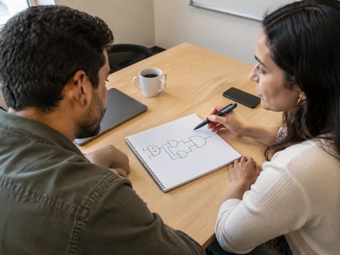 Dois alunos em pé diante do quadro branco, desenhando a ordem de um argumento